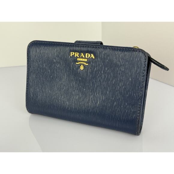 Prada Saffiano Blue Leather Compact Women's Wallet - Picture 1 of 9
